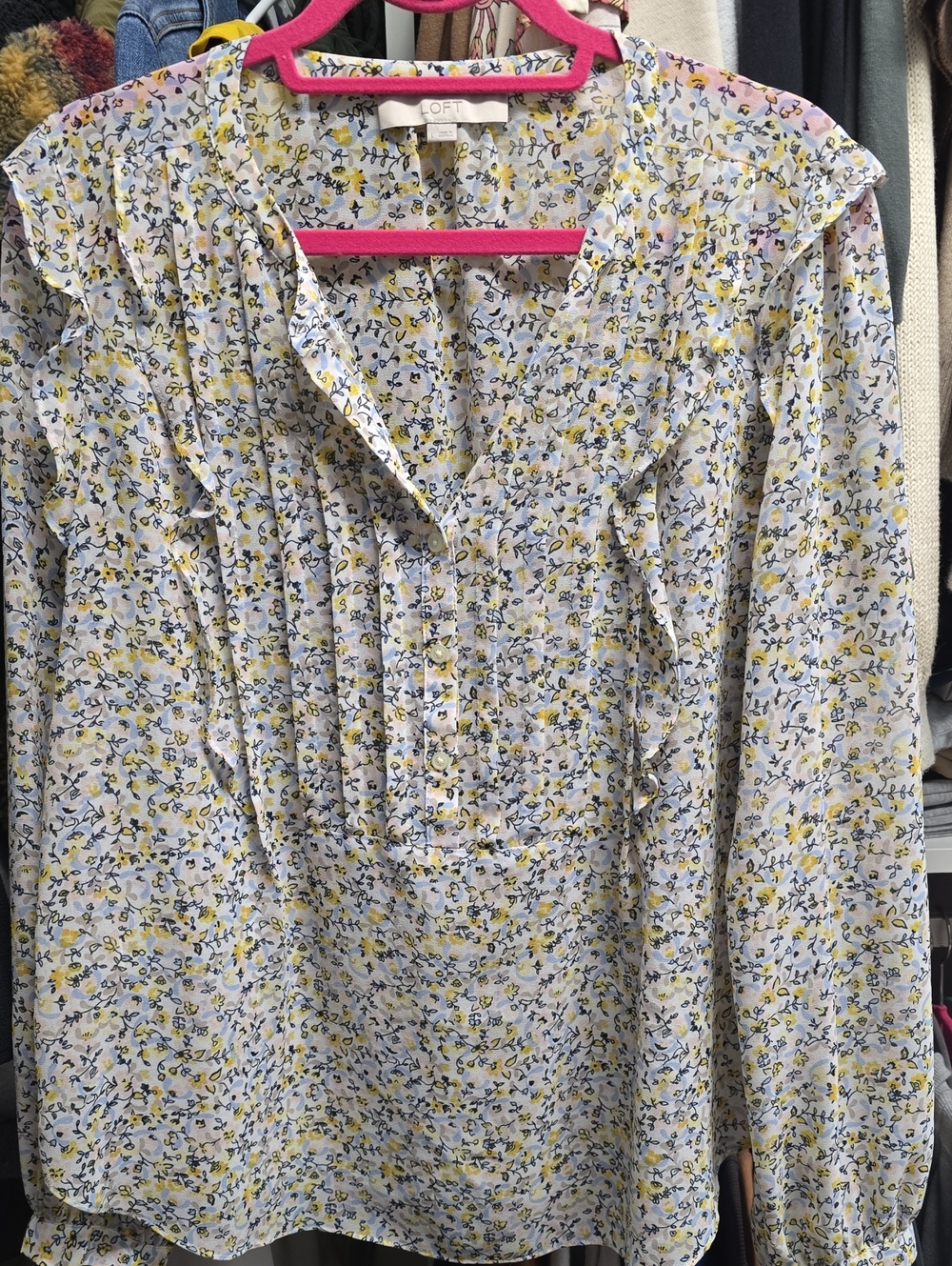 LOFT White Yellow & Blue Floral Pintuck Blouse